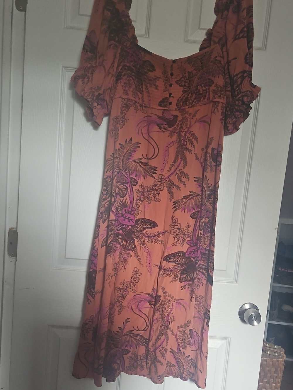 Anthropologie Peach Maxi Dress with Purple Botanical Print
